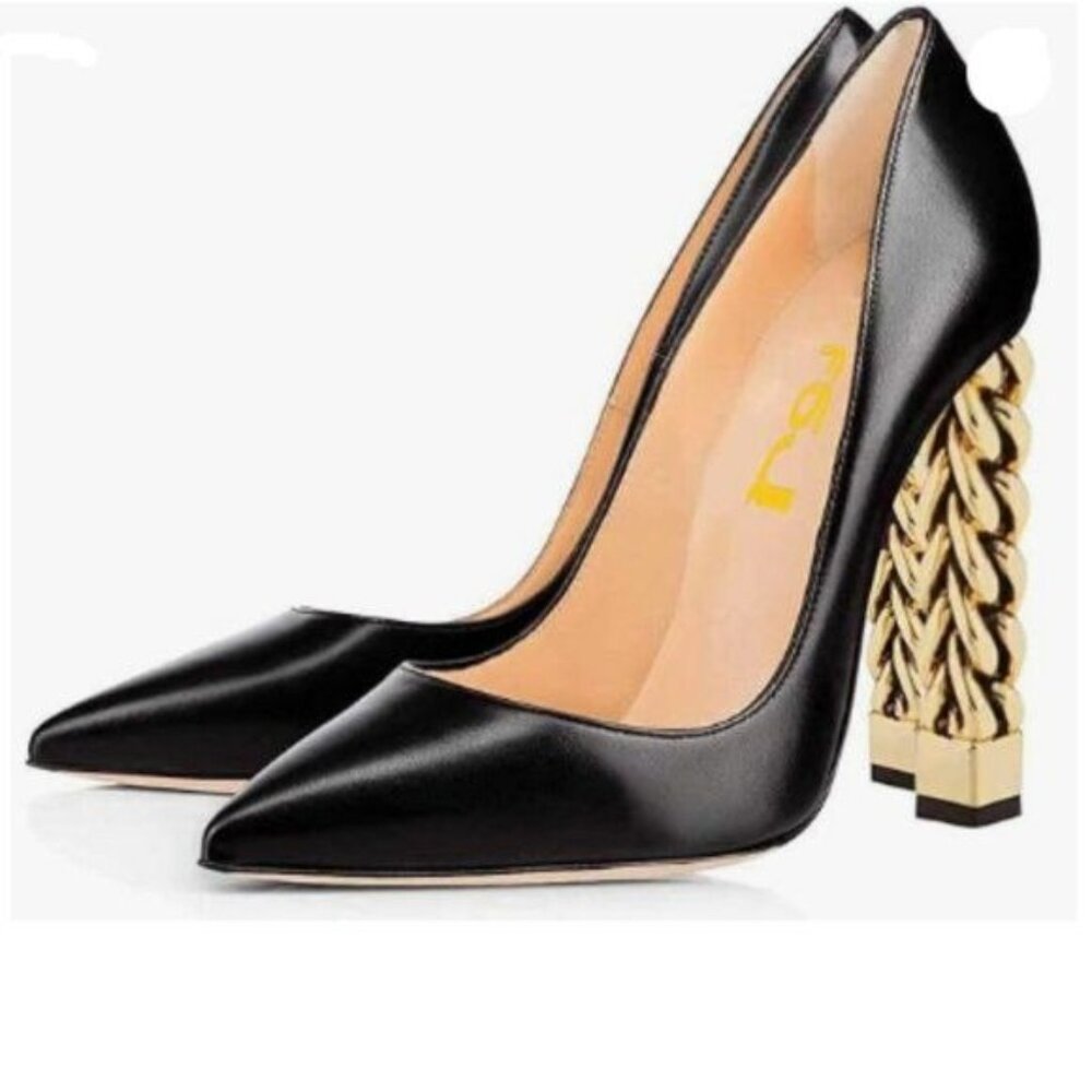 FSJ Black-oil Leather Metal Chain Chunky High Heel Pointed Toe Slip On Shoes